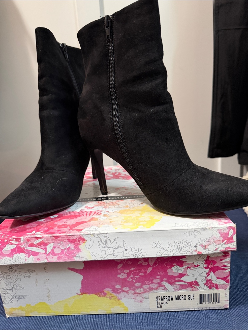 sparrow Black Suede-Look Pointed Toe Stiletto Ankle Boots